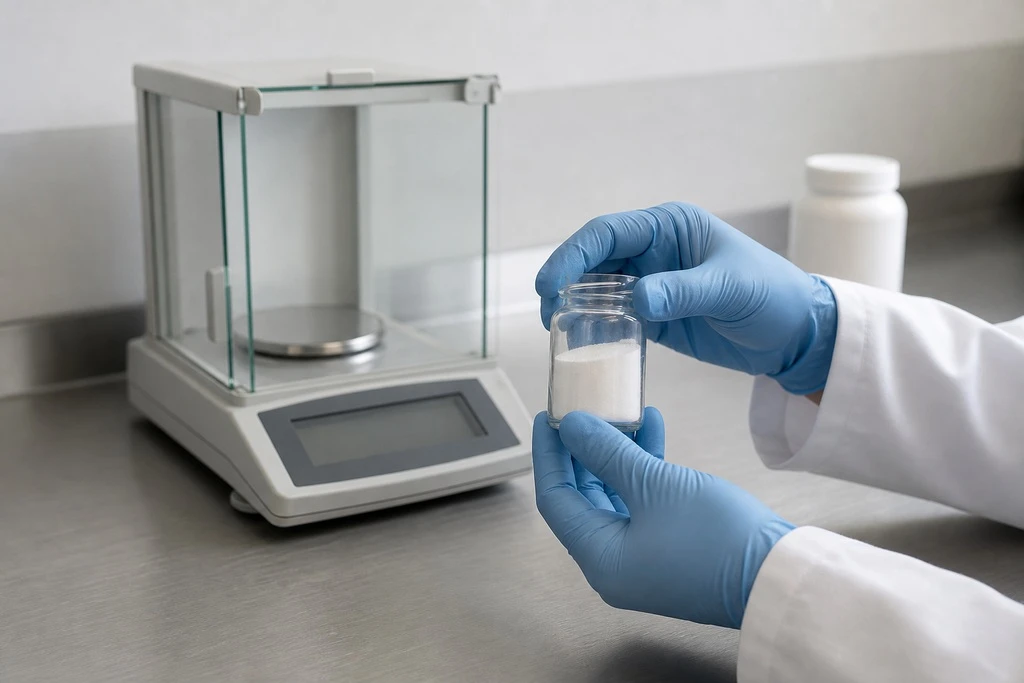 Quality control technician preparing an L-ergothioneine powder sample in a laboratory