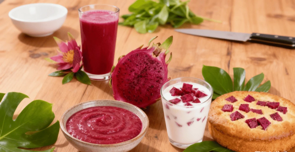 Dragon fruit juice, smoothie, yogurt and baked application examples