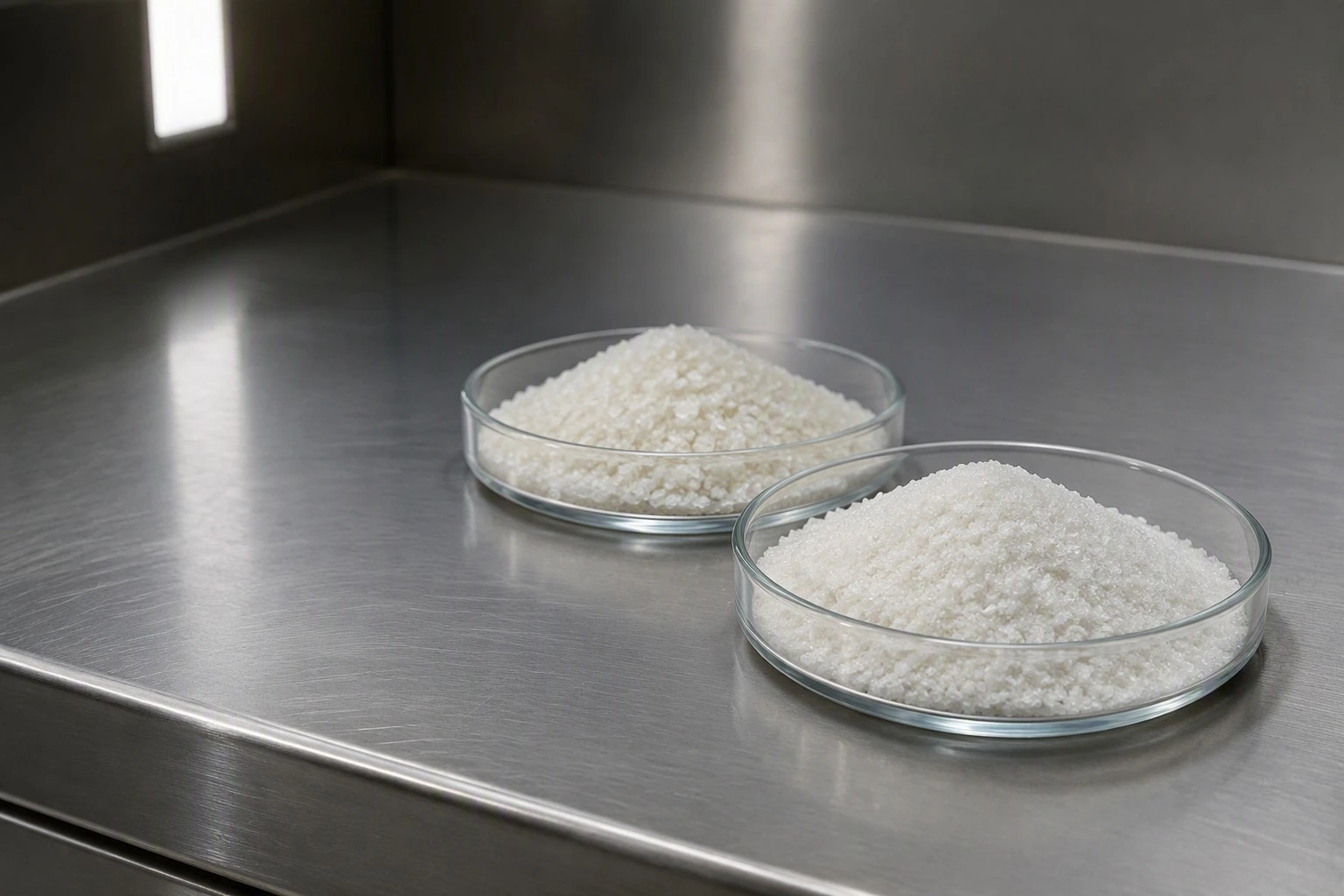 Bulk NAD+ and NMN ingredient powder samples in glass dishes on a stainless steel laboratory bench