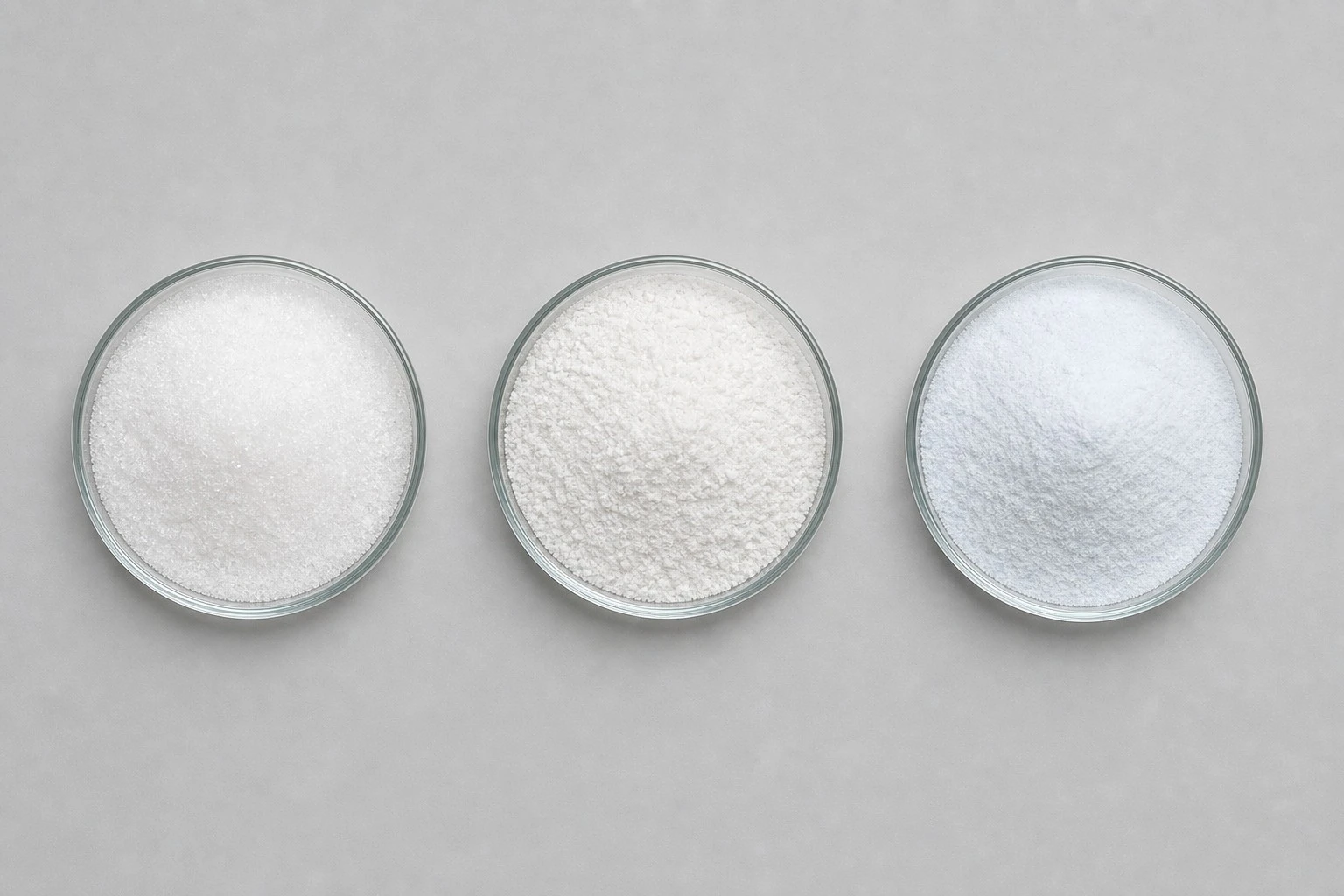 NMN, NAD+ and NMNH raw material powder forms compared in glass sample dishes