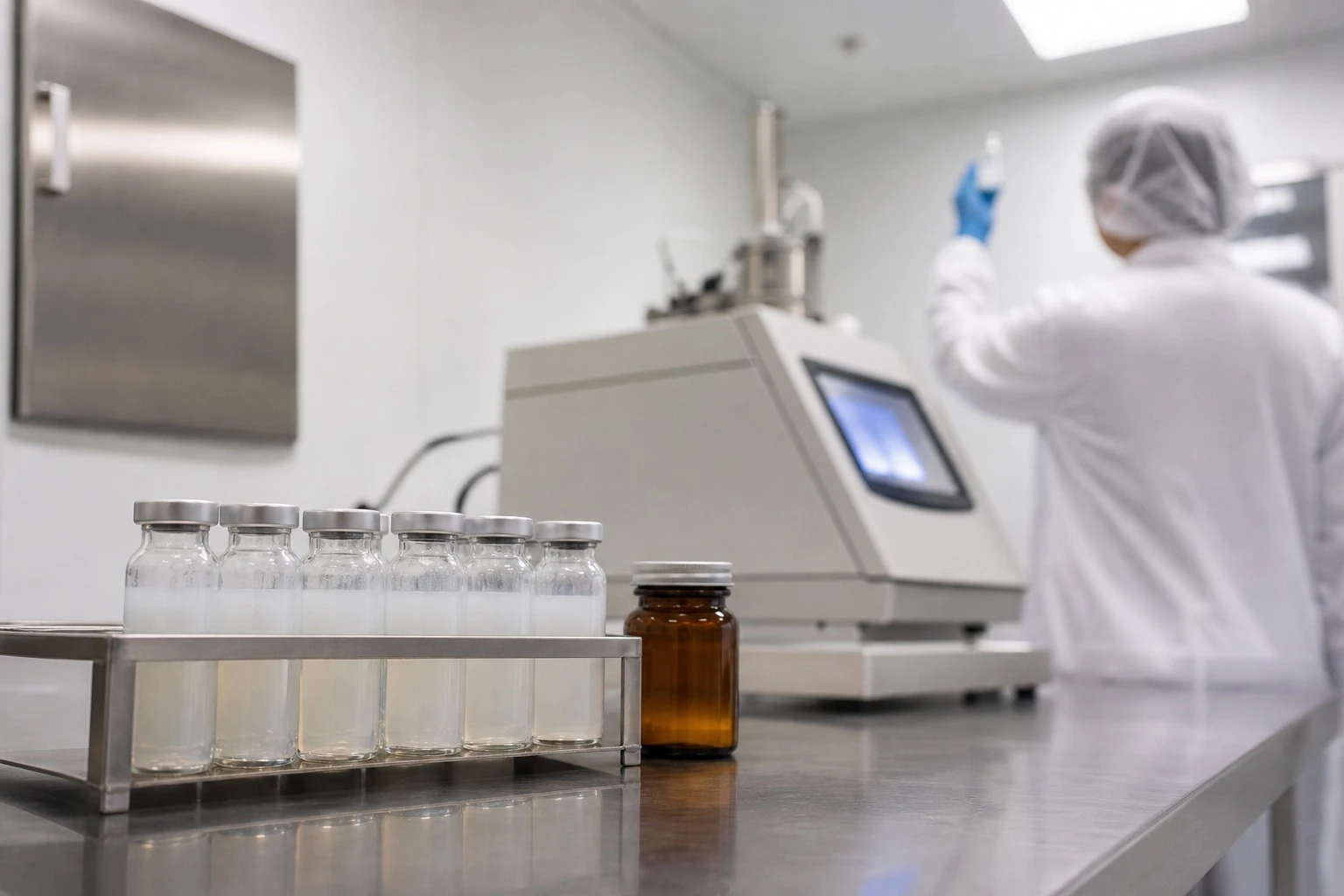 Liposomal ingredient production and quality-control laboratory with sample vials and an analytical instrument