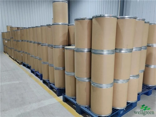Fibre drums of packed botanical powder stacked on pallets in the warehouse