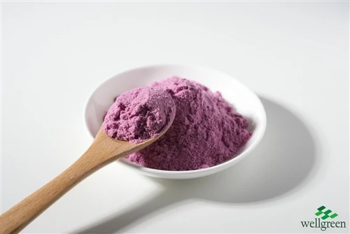 Light purple fruit powder sample with a scoop in a white dish