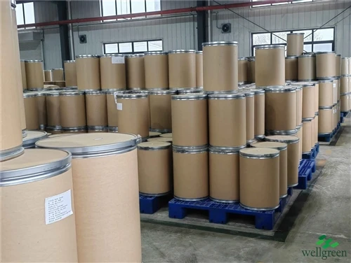 Fibre drums of packed fruit powder stored on pallets in the warehouse